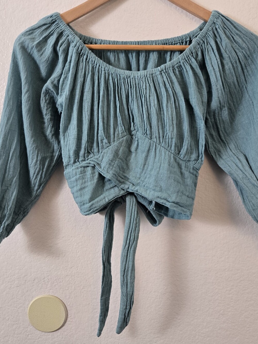 Teal Crinkle Cotton Gauze ½ Sleeve Crop Top